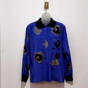 Rue de Calais Vintage Celestial Beaded Patchwork Long Sleeve Blouse Blue Size S